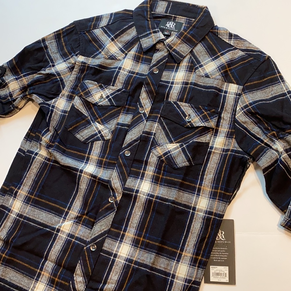 Rock & Republic Small Plaid Flannel Shirt Roll Cuff New D5 - Picture 4 of 10